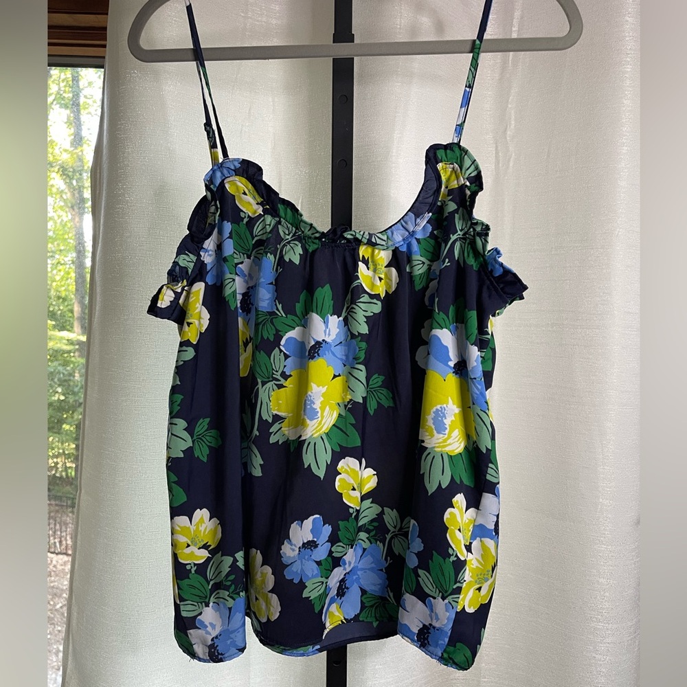 aerie Navy Floral Spaghetti-Strap Camisole with Blue, Yellow, and Green Blooms